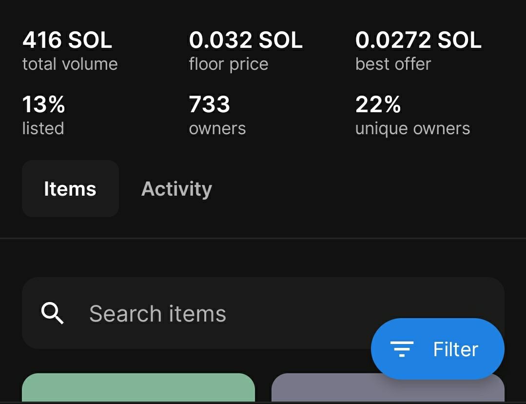 Solana collection // 416 SOL volume, 733 owners